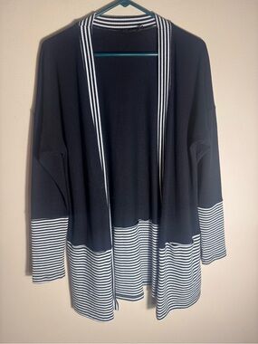 Doe & Rae Black & White Striped Open-Front Women's Long Cardigan Sweater